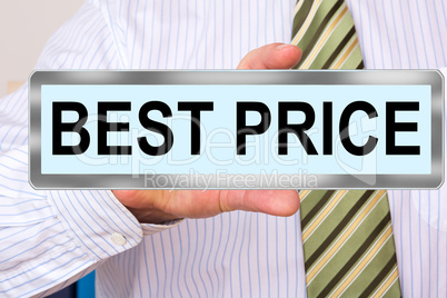Man holds sign with inscription, BEST PRICE