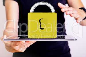 Hand holding tablet pc with padlock