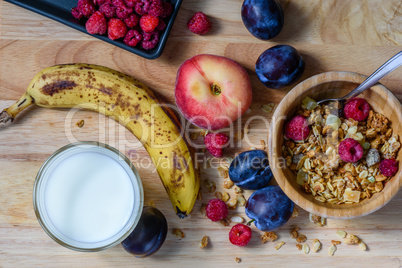 Bowl of muesli with sweet berries, fruits and milk