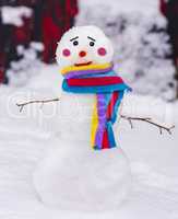 funny snowman with a colorful scarf and a sad face