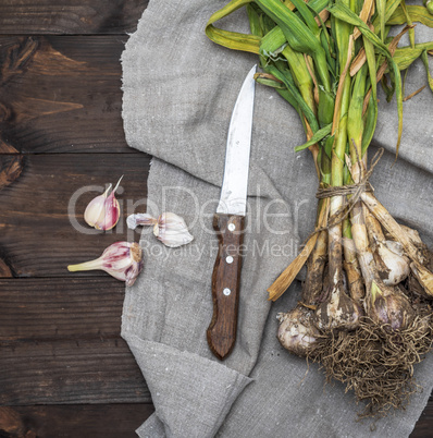 bunch of young garlic and a kitchen knife