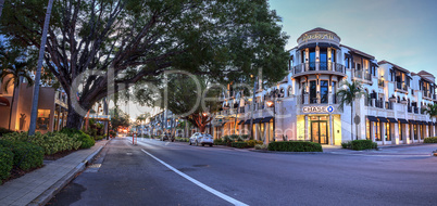 Daybreak over the shops along 5th Street in Old Naples, Florida.