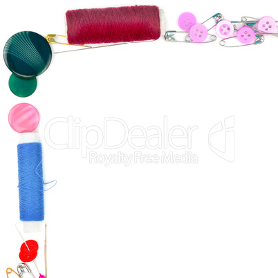 Sewing accessories isolated on white background. Colorful frame