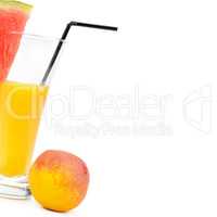 Juice in glass, watermelon and peach isolated on white . Free sp