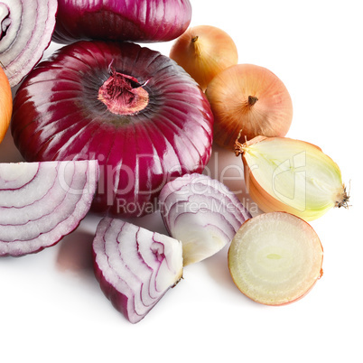 Red and gold onions isolated on white background.