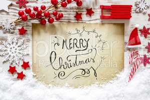 Red Decoration, Snow, Calligraphy Text Merry Christmas