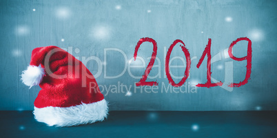 Santa Hat, Text 2019, Blue Bokeh Lights Background