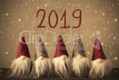Gnomes, Snowflakes, Text 2019, Retro Snowy Cement Background