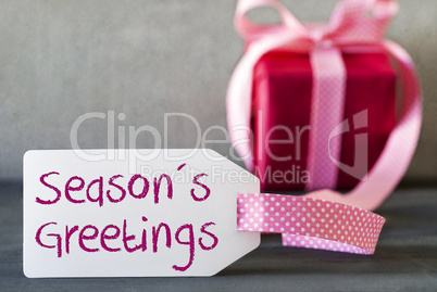 Pink Gift, Label, English Text Seasons Greetings