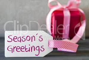 Pink Gift, Label, English Text Seasons Greetings
