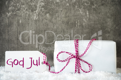 White Gift, Snow, Label, God Jul Means Merry Christmas