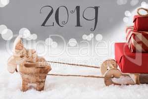 Reindeer With Sled, Silver Bokeh Background, Text 2019