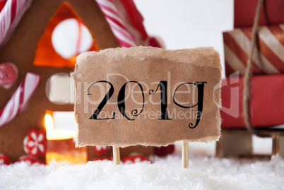 Gingerbread House With Sled With Gifts, Text 2019