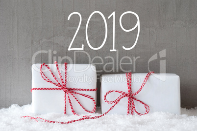 Two White Gifts With Snow, Text 2019, Cement Background