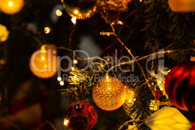 Christmas balls on a pine close-up