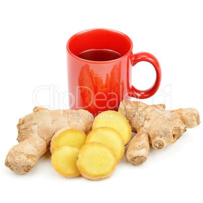 Ginger root and ginger tea isolated on white background.