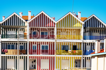 Colorful striped house facades in Portugal