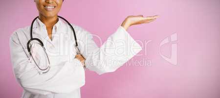 Nurse wearing breast cancer awareness pink ribbon introduce