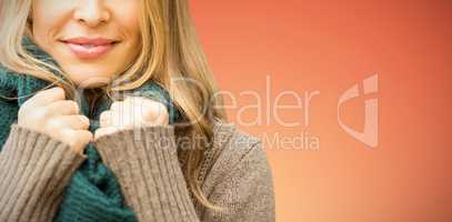 Composite image of smiling pretty woman holding her scarf