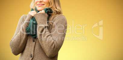 Composite image of  smiling pretty woman holding her scarf