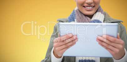 Composite image of composite image of  women holding tablet
