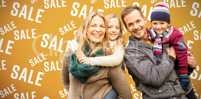 Composite image of portrait of family smiling together