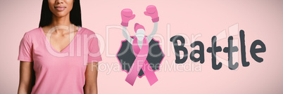 Composite image of  one women in pink standing for breast cancer