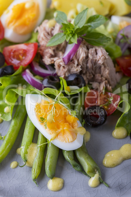 Salat Nicoise auf einem hölzernen Hintergrund