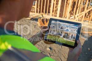 Female Construction Worker Reviewing House Photo on Computer Pad