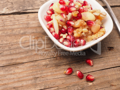 Organic muesli on a wooden table