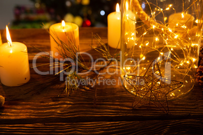 Cozy Christmas ornaments on wooden table