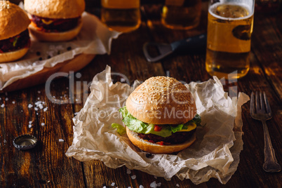 Homemade Burger with Beer.