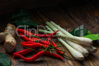 Chili peppers with galangal root, leaf of kaffir lime and lemongrass