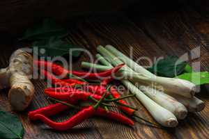 Chili peppers with galangal root, leaf of kaffir lime and lemongrass