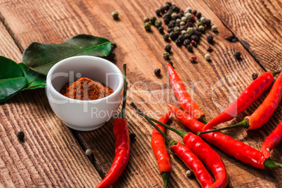 Different spices scattered on wooden table