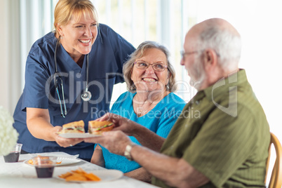 Female Doctor or Nurse Serving Senior Adult Couple Sandwiches