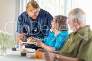Female Doctor or Nurse Serving Senior Adult Couple a Meal