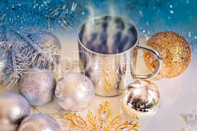 Christmas decorations with a mug of hot coffee