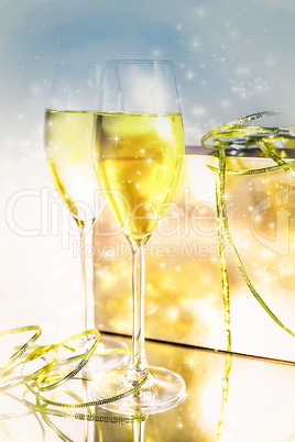 Two glasses of wine and a box on white background