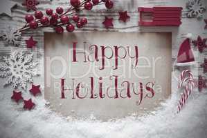 Red Christmas Decoration, Snow, English Text Happy Holidays