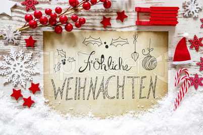 Red Decoration, Snow, Calligraphy Froehliche Weihnachten Means Merry Christmas