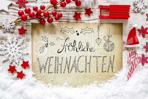 Red Decoration, Snow, Calligraphy Froehliche Weihnachten Means Merry Christmas
