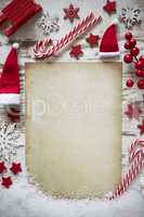 Rustic Christmas Flat Lay, Vertical Paper, Copy Space, Snow