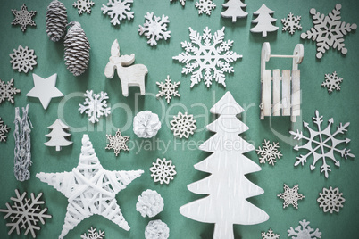 Flat Lay, Wooden Christmas Decoration Like Snowflakes, Lights