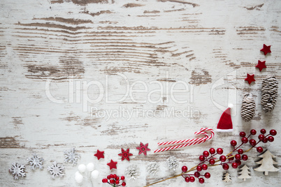 Flat Lay, White Wooden Background, Christmas Decoration, Copy Space