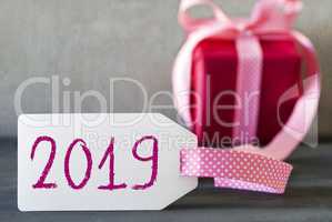 Pink Gift, Label, Text 2019, Gray Cement Background