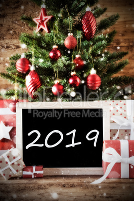 Christmas Tree With Text 2019, Many Gifts, Wooden Background