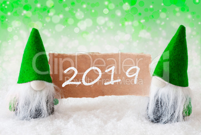 Green Natural Gnomes With Card, Text 2019, Bokeh