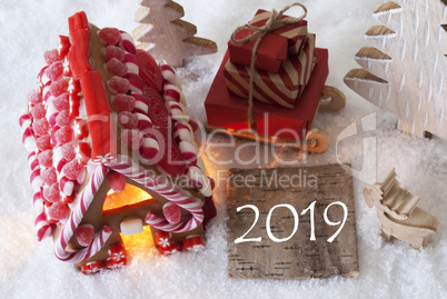 Gingerbread House, Sled, Snow, Text 2019, Christmas Tree