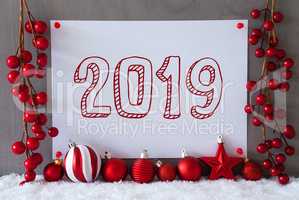 Label, Snow, Christmas Balls, Text 2019, Gray Cement Wall